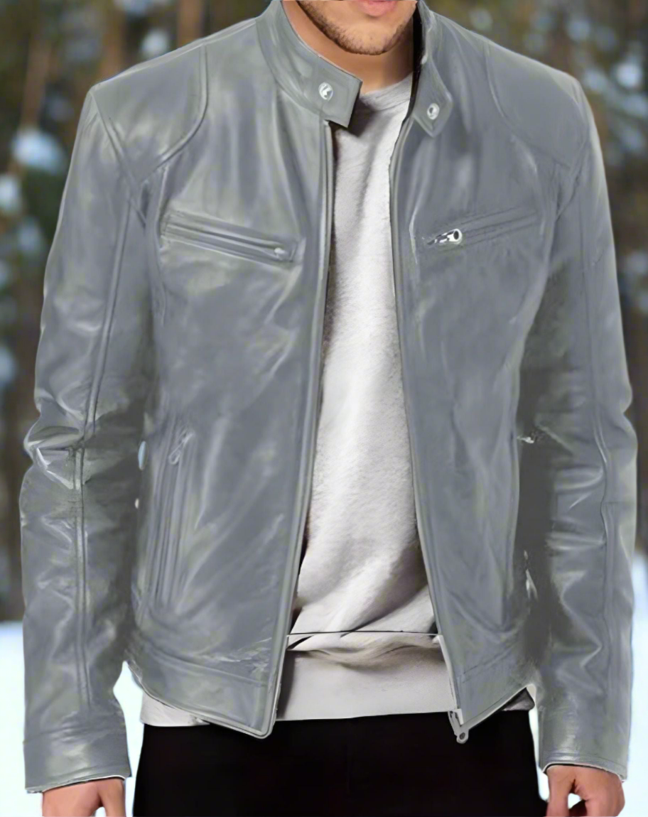 Men's Leather Jacket – Slim Fit – Stand Collar with Snap Button – Zipper Pockets – Timeless Style