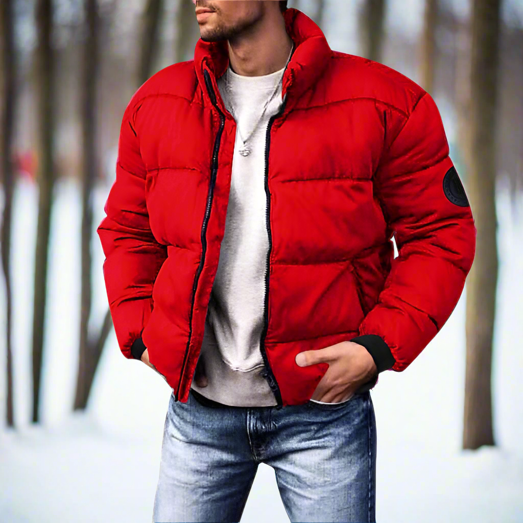 Men's Puffer Jacket - Quilted Design - High Collar - Zipper Closure - Pockets