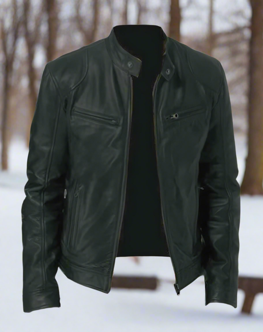 Men's Leather Jacket – Slim Fit – Stand Collar with Snap Button – Zipper Pockets – Timeless Style