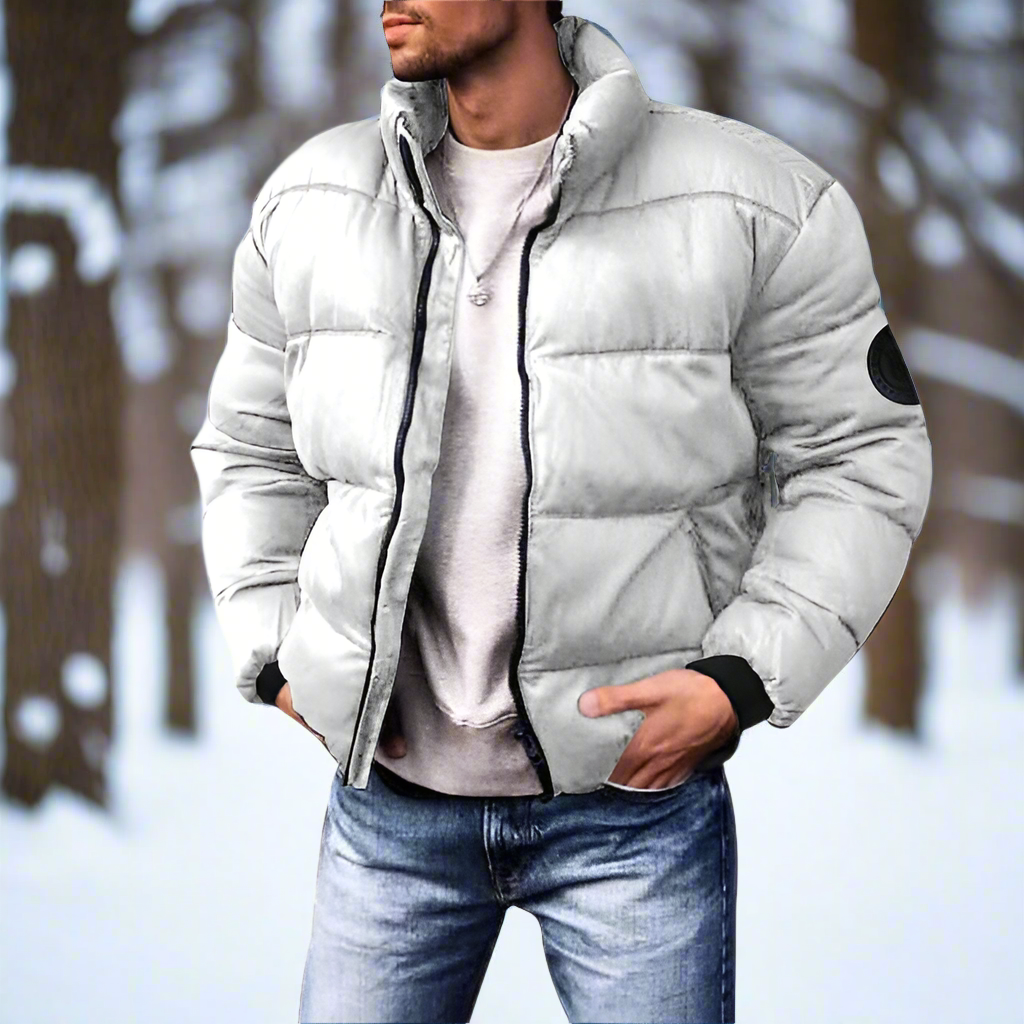 Men's Puffer Jacket - Quilted Design - High Collar - Zipper Closure - Pockets