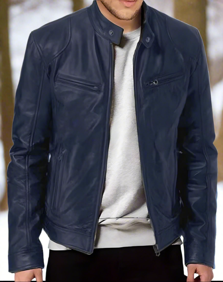 Men's Leather Jacket – Slim Fit – Stand Collar with Snap Button – Zipper Pockets – Timeless Style