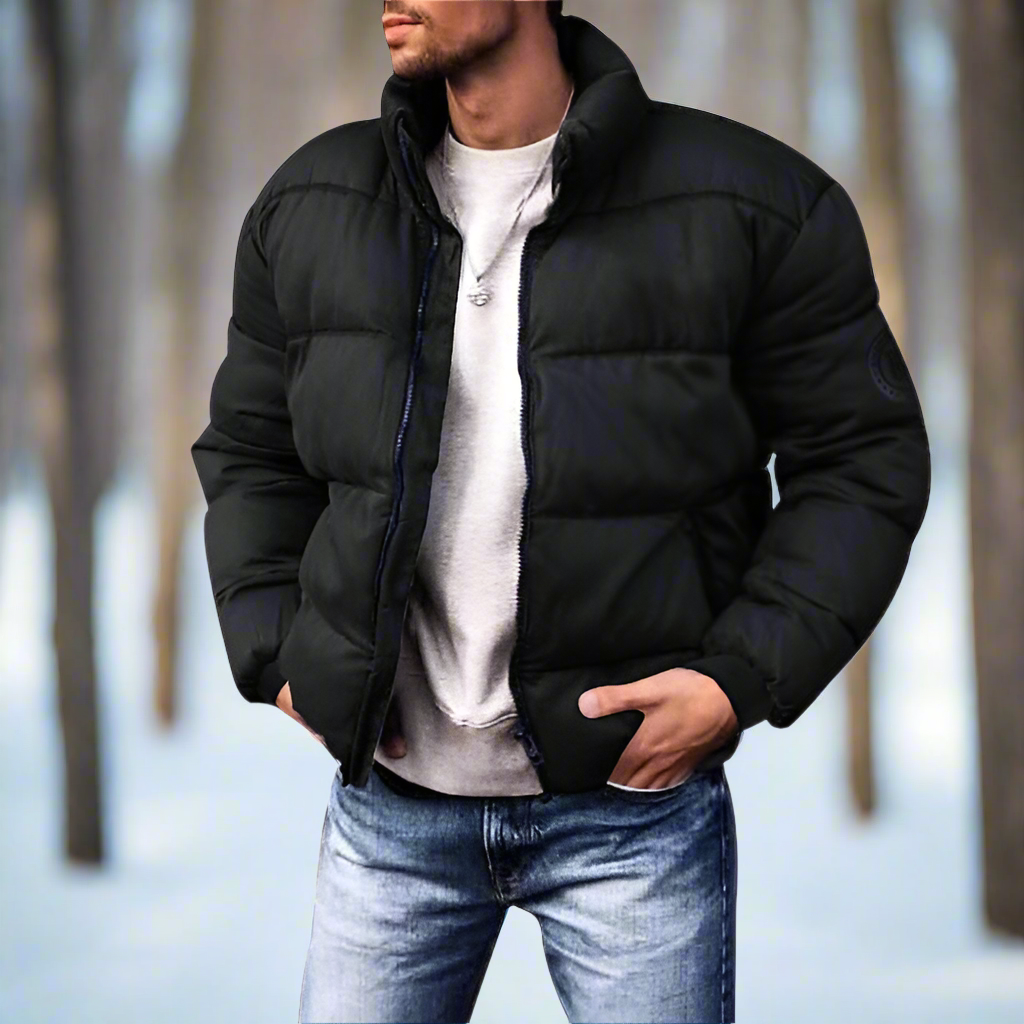 Men's Puffer Jacket - Quilted Design - High Collar - Zipper Closure - Pockets
