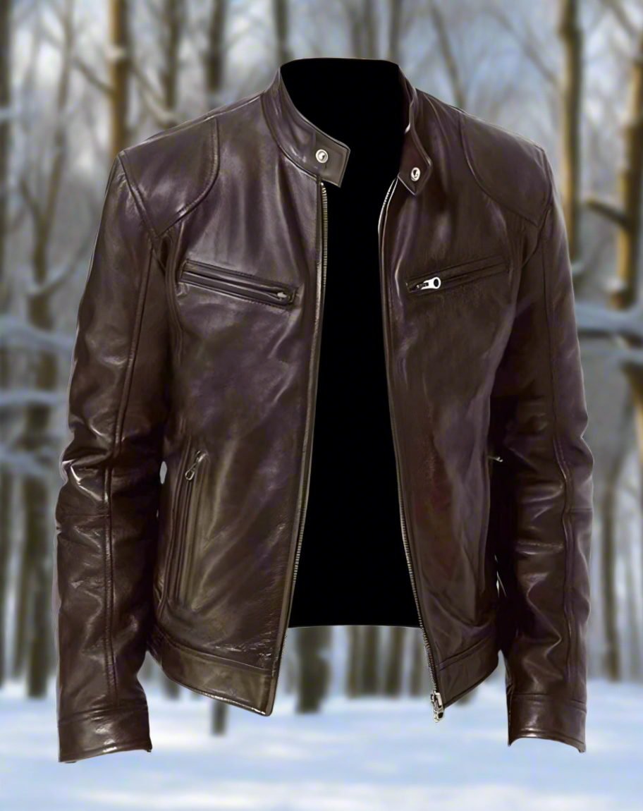 Men's Leather Jacket – Slim Fit – Stand Collar with Snap Button – Zipper Pockets – Timeless Style