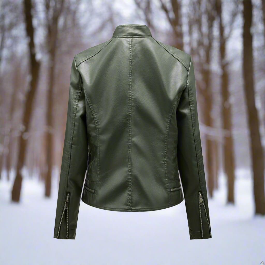 Women's Leather Jacket - Biker Style - Zipper Closure - Stand Collar - Slim Fit