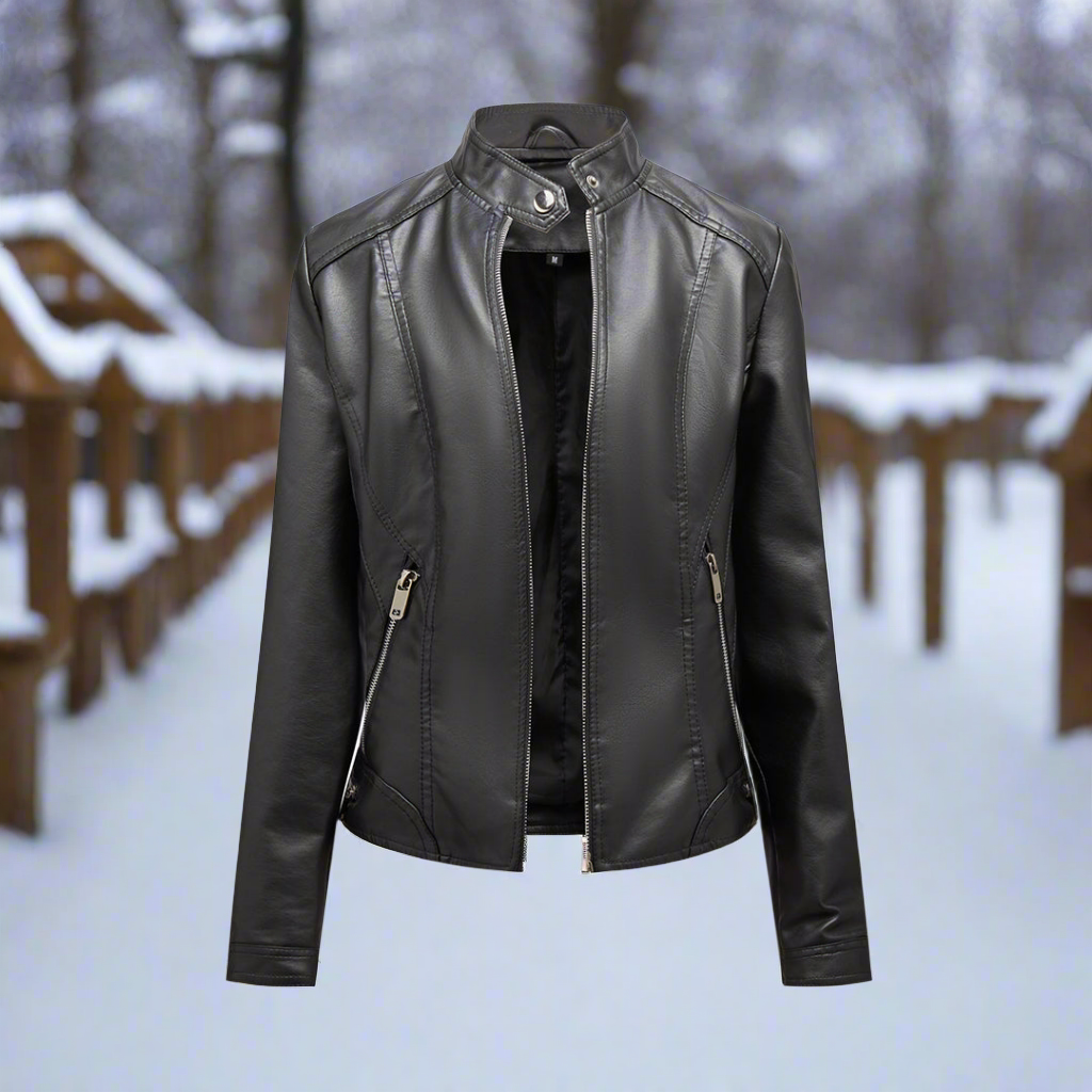 Women's Leather Jacket - Biker Style - Zipper Closure - Stand Collar - Slim Fit