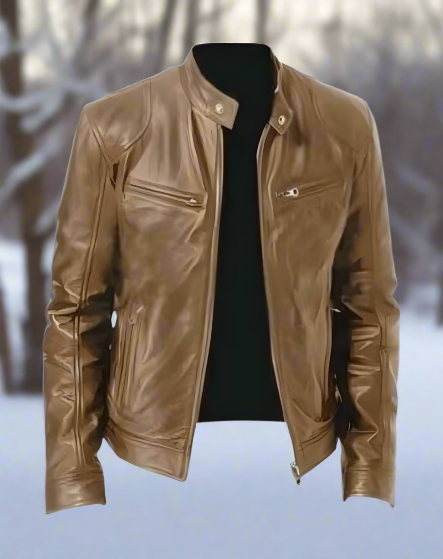 Men's Leather Jacket – Slim Fit – Stand Collar with Snap Button – Zipper Pockets – Timeless Style
