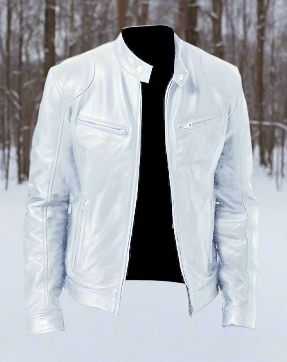 Men's Leather Jacket – Slim Fit – Stand Collar with Snap Button – Zipper Pockets – Timeless Style