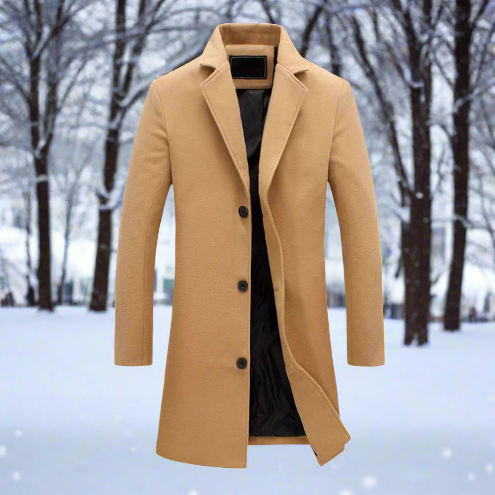 Men's Wool Coat - Button Closure - Tailored Fit - Knee Length - Notch Lapel