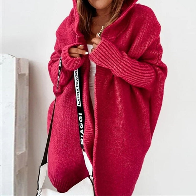 Women's Cardigan – Knitted – Oversized Fit – Hood – Open Front – Ribbed Cuffs