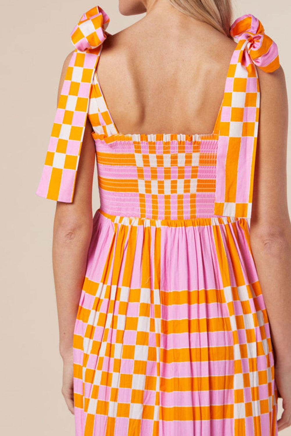 Women's Dress – Maxi A-line – Bow Straps – Check Pattern – Lightweight Fabric