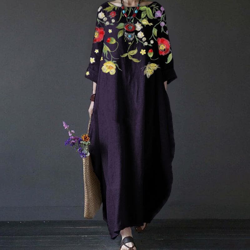 Women's Maxi Dress - Long Sleeved - Loose Fit - Embroidered Floral Design - Bohemian Style