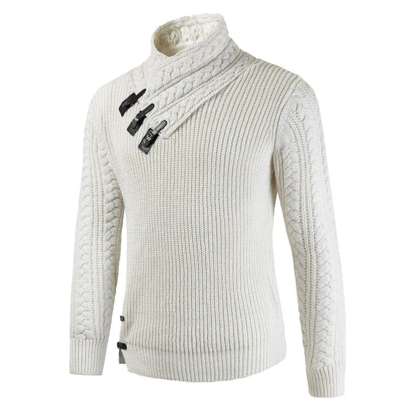 Men's Sweater – Fitted Fit – Wool Blend – Asymmetric Neck – Buckle Details