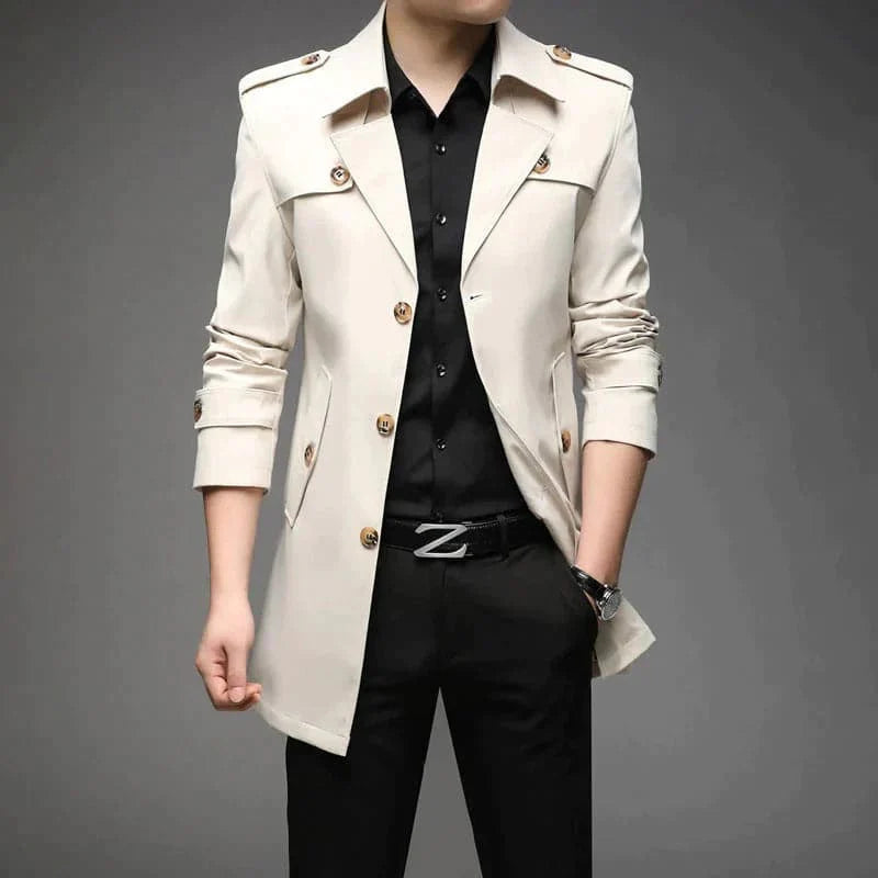 Men's Trench Coat - Classic Cut - Medium Length - Double-Breasted - Adjustable Cuffs