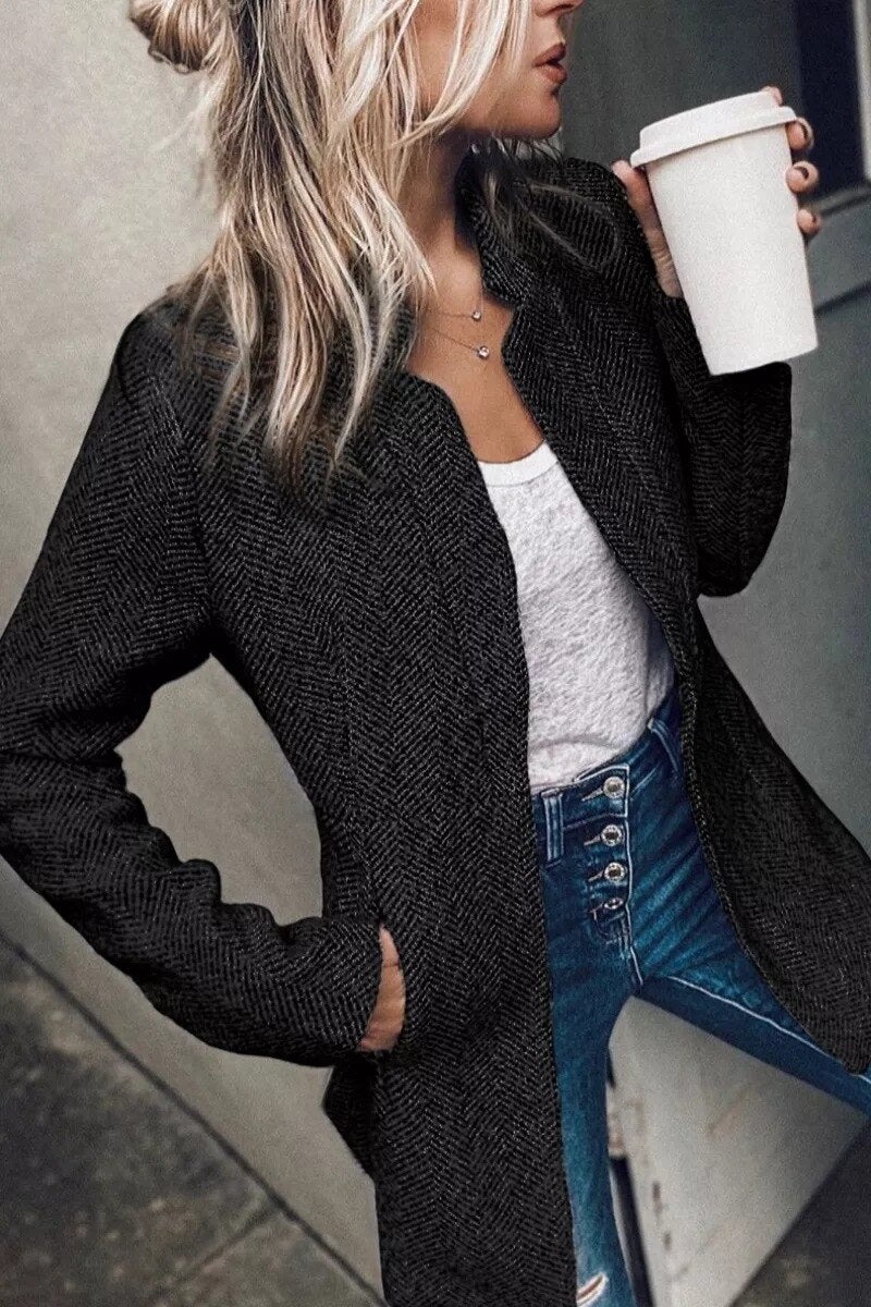 Women's Jacket – Tailored Fit – Woven Texture – Stand Collar – Open Front