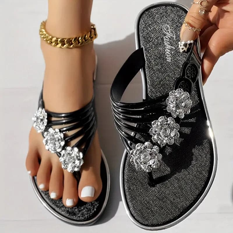 Women's Sandals - Toe Split - Floral Pattern with Crystals - Comfortable Sole
