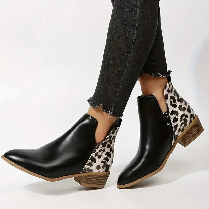 Women's Ankle Boots – Pointed Toe – Low Block Heel – Trendy Design – Zipper Closure