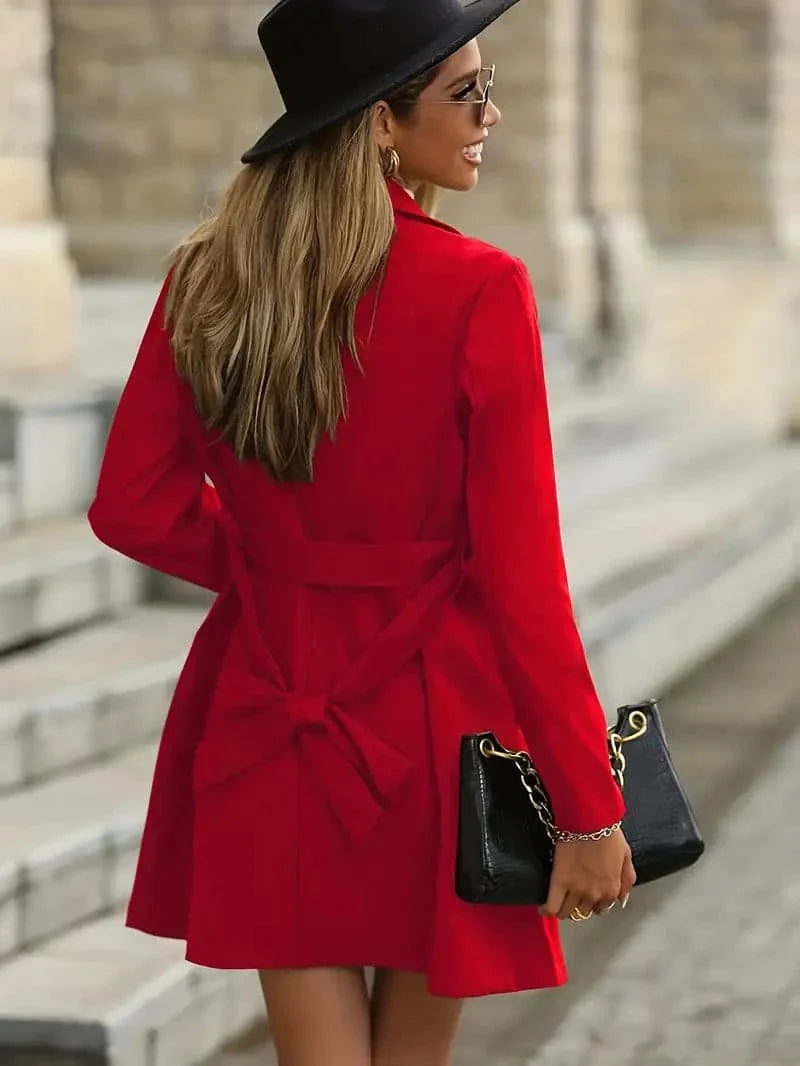 Women's Coat - Tailored Fit - Mid-Length - Long Sleeves - Elegant Bow Detail