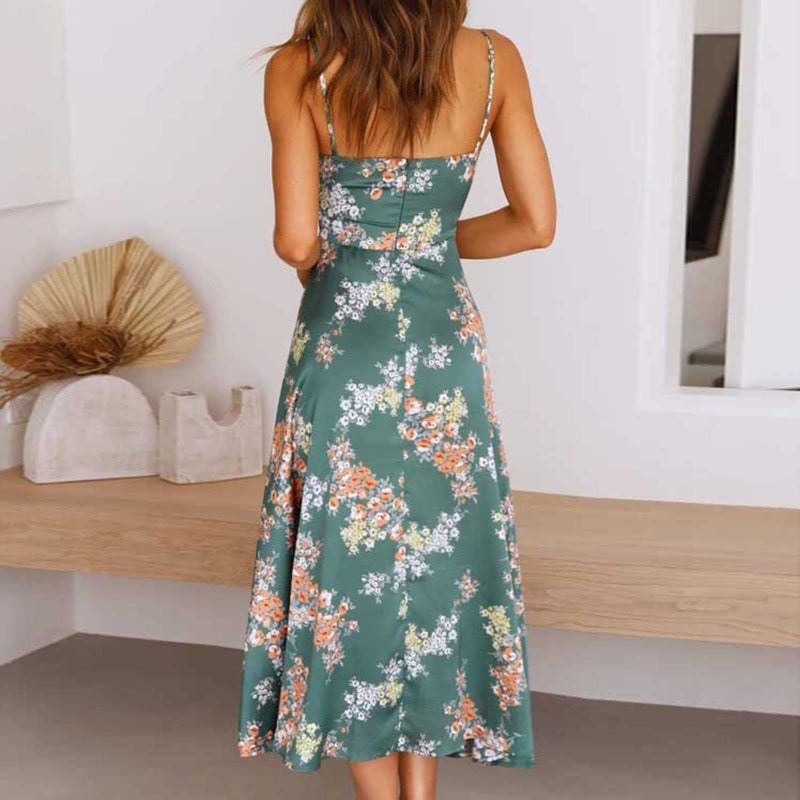 Dress for Women - Midi Length - V-neck with Tie Detail - A-line Silhouette - Floral Print