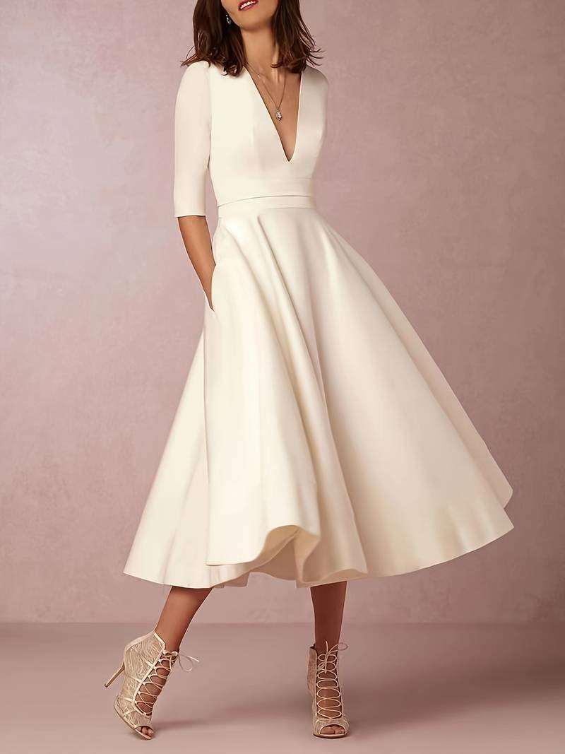Dress for Women – Satin-like Fabric – Fitted Bodice – A-line – V-neck – Midi – Elbow-length Sleeves