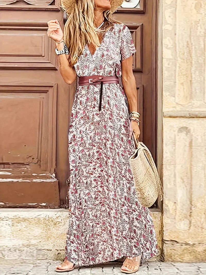 Women's Maxi Dress - Floral Pattern - V-Neck - Short-Sleeved - Belt at Waist