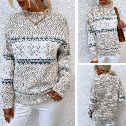 Women's Knitted Sweater – Fair Isle Pattern – Round Neck – Long-Sleeved and Warm