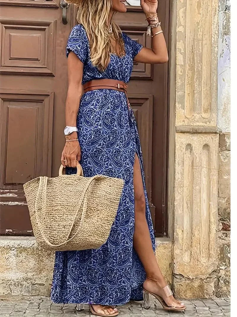 Women's Maxi Dress - Floral Pattern - V-Neck - Short-Sleeved - Belt at Waist