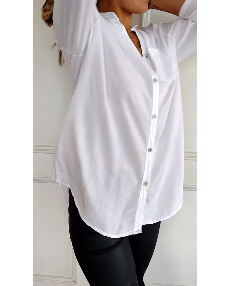 Women's Blouse – Relaxed Fit – Sequin Buttons and Chest Pocket – Breathable Fabric