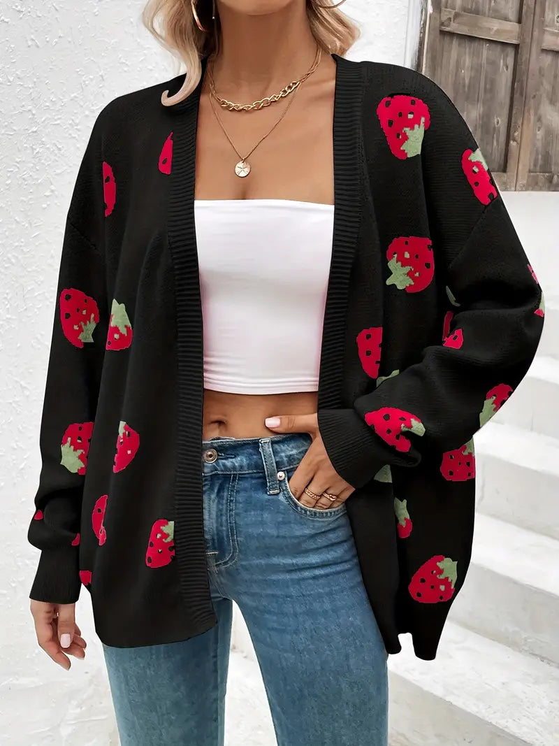 Women's Cardigan – Oversized Fit – Knitted Texture – Hip Length – Playful Pattern