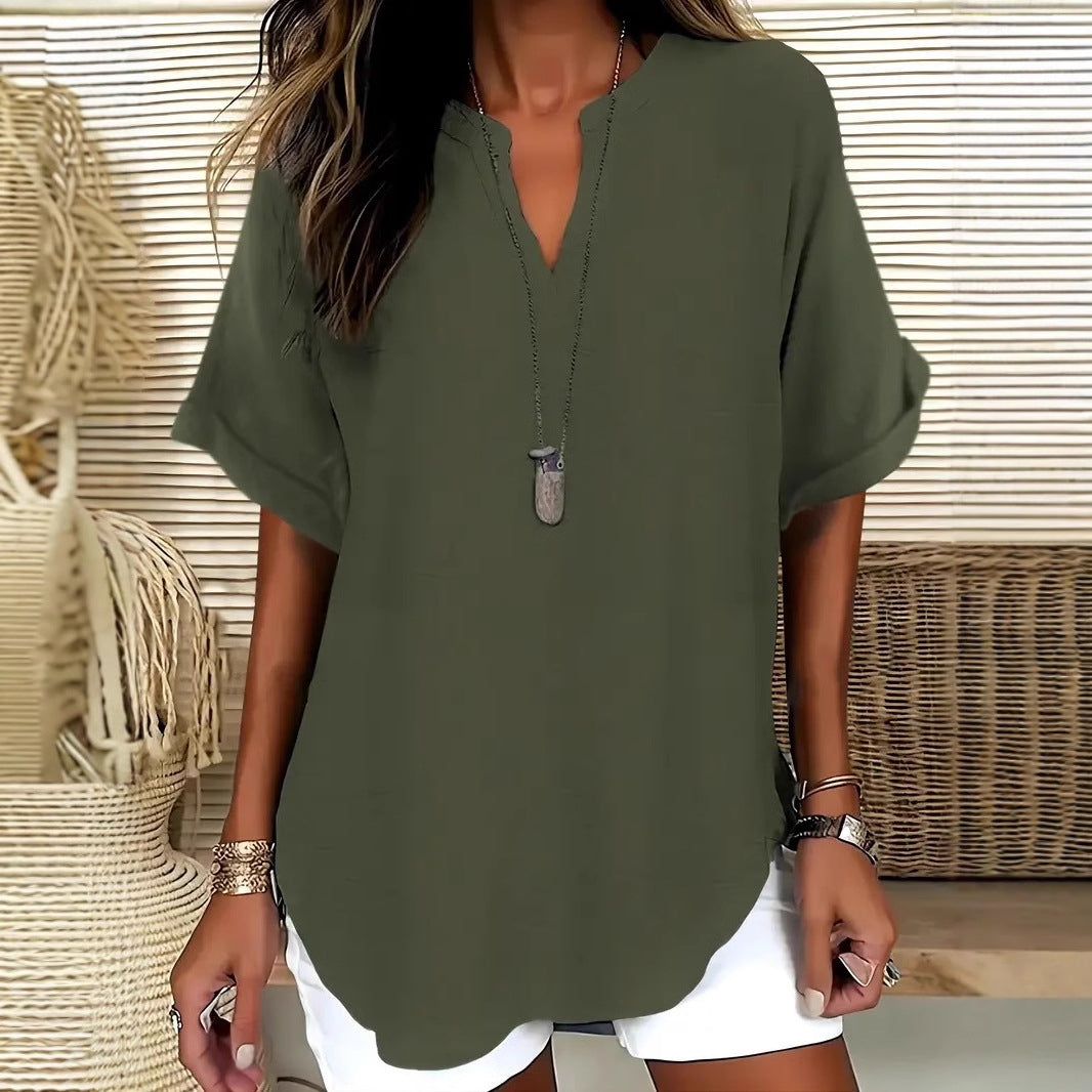 Women's Blouse – Relaxed Fit – V-Neckline – Short Sleeves – Natural Fibers