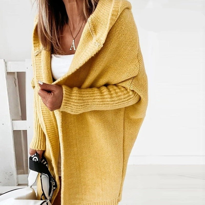 Women's Cardigan – Knitted – Oversized Fit – Hood – Open Front – Ribbed Cuffs