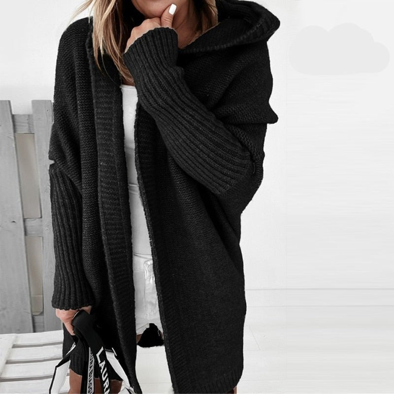 Women's Cardigan – Knitted – Oversized Fit – Hood – Open Front – Ribbed Cuffs