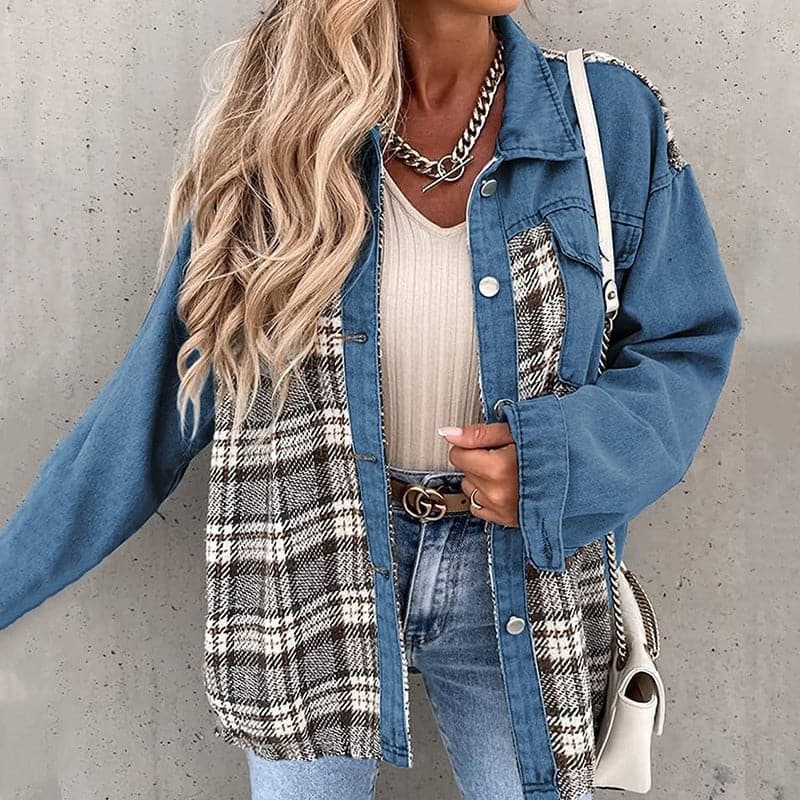 Women's Shirt Jacket – Oversized Fit – Checkered and Solid – Long Sleeves – Buttons