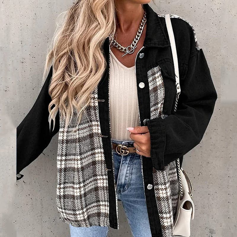 Women's Shirt Jacket – Oversized Fit – Checkered and Solid – Long Sleeves – Buttons