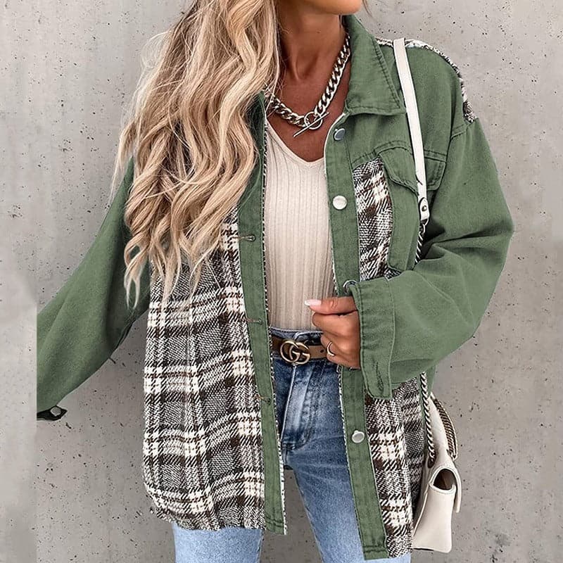 Women's Shirt Jacket – Oversized Fit – Checkered and Solid – Long Sleeves – Buttons