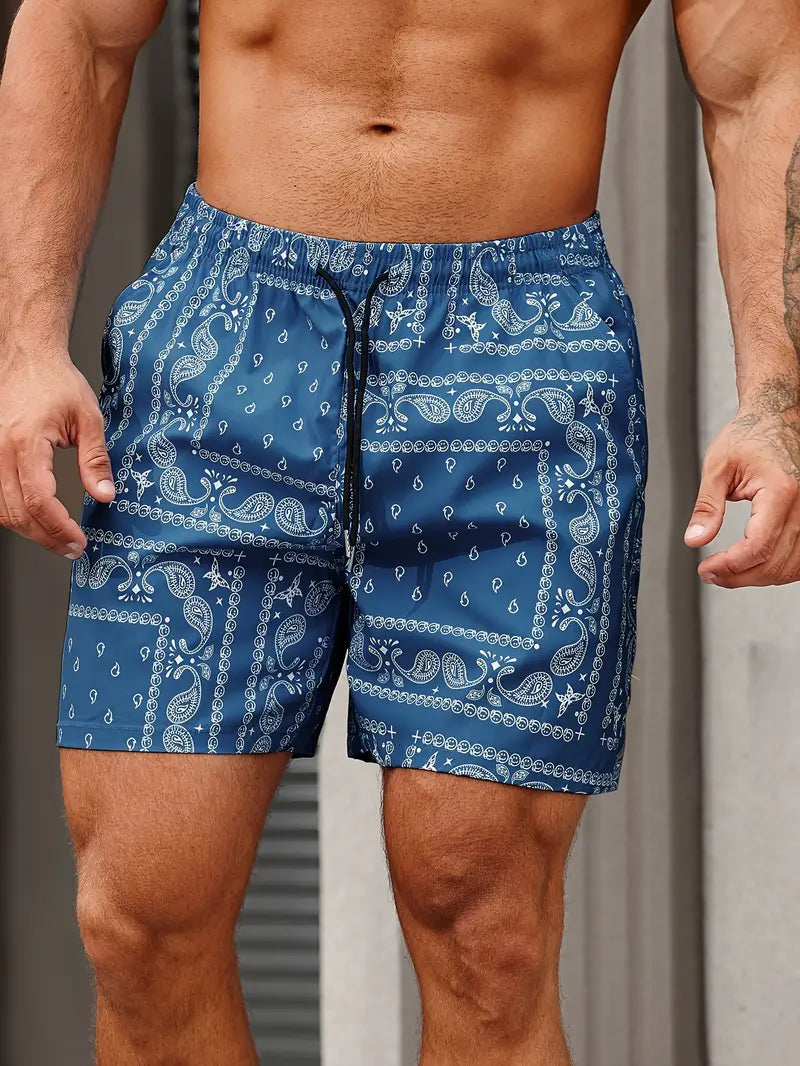 Men's Swim Shorts – Quick-Drying Fabric – Relaxed Fit – Bandana Pattern – Mid-Length