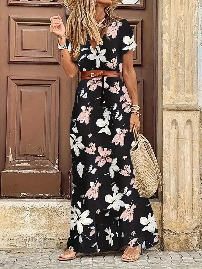 Women's Maxi Dress - Floral Pattern - V-Neck - Short-Sleeved - Belt at Waist