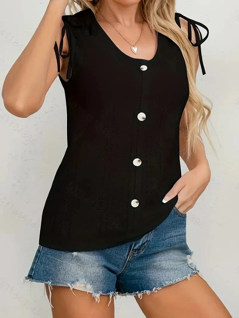 Women's Sleeveless Blouse – Button Front – Adjustable Shoulder Straps – Textured Fabric