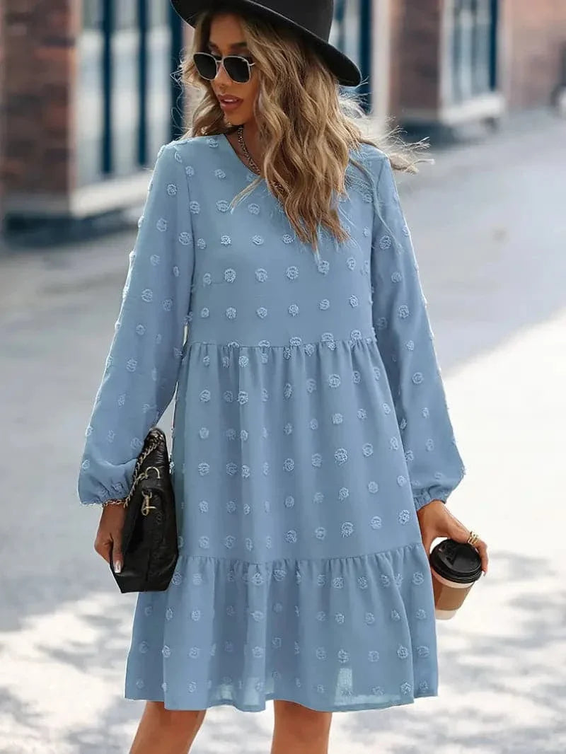 Women's Dress - Layered Design - Long Sleeves - Embroidered Texture - Comfortable Fit