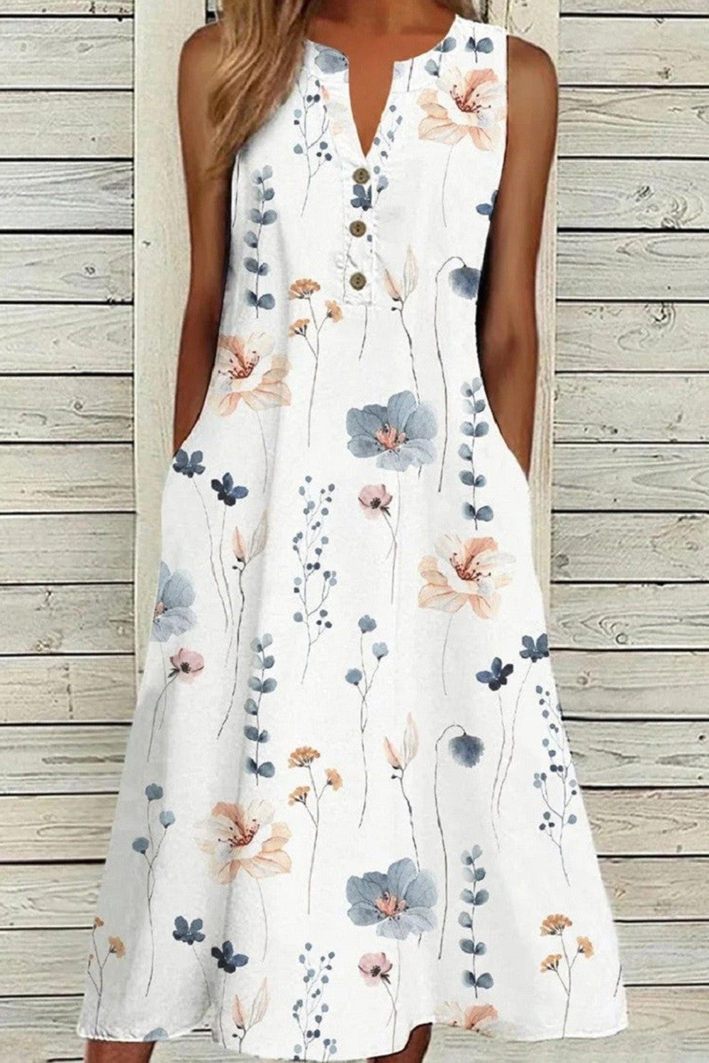 Dress for Women – Sleeveless Midi Dress – A-line Fit – V-neck with Buttons – Floral Print – Breathable Fabric