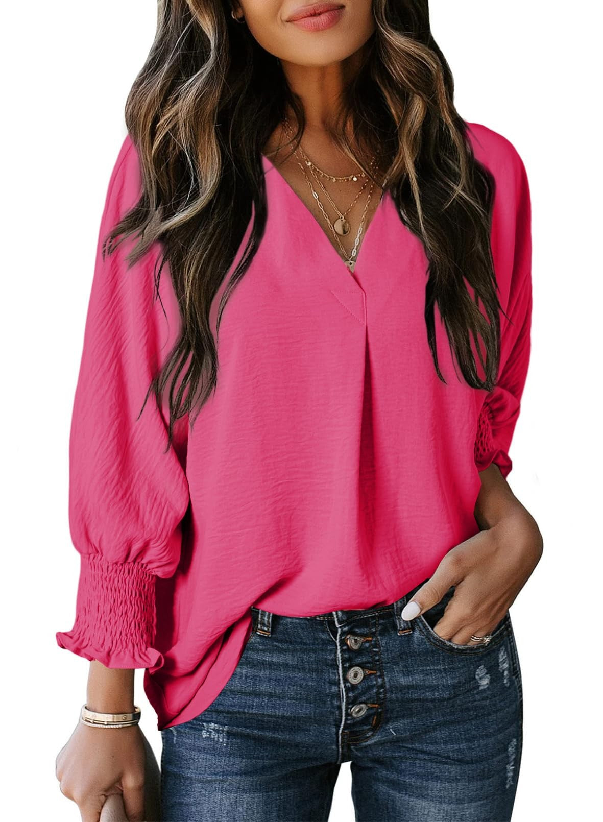 Women's T-shirt – V-neck – 3/4 sleeves – Loose fit – Soft knit – Everyday use