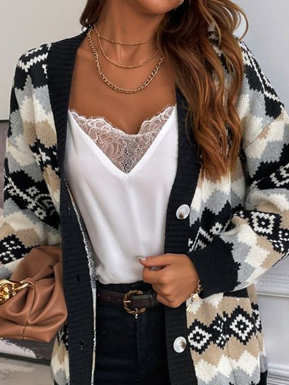 Women's Coat in Soft Knit – Oversized Fit – Ethnic Pattern – Knee-Length with Buttons