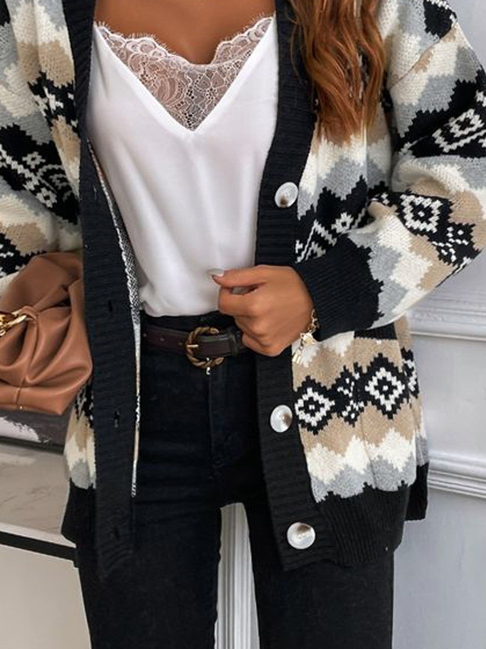 Women's Coat in Soft Knit – Oversized Fit – Ethnic Pattern – Knee-Length with Buttons
