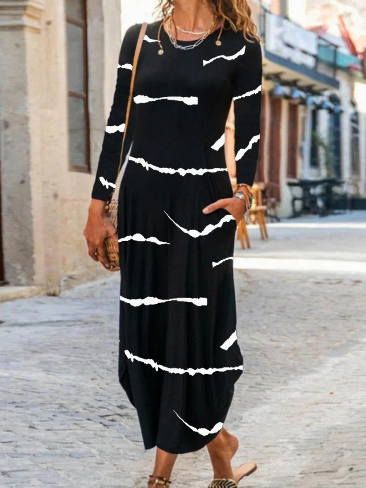 Women's Maxi Dress – H-line Fit – Soft Breathable Blend – Long Sleeves – Crew Neck
