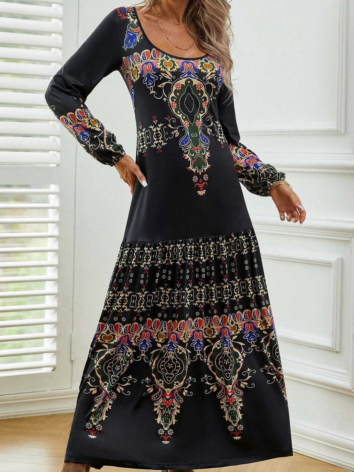Women's Maxi Dress – Vintage Pattern – Long Sleeved – Relaxed Fit – Breathable Fabric