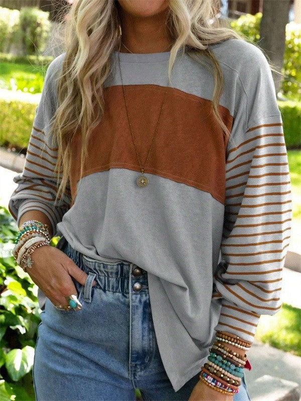 Women's Blouse – Oversized Fit – Long-Sleeved – Breathable Fabric – Striped Panel Detail