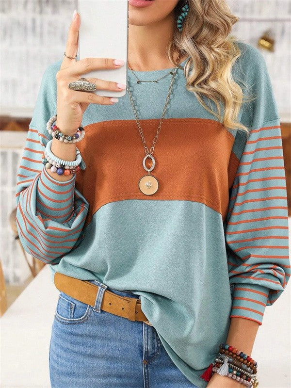 Women's Blouse – Oversized Fit – Long-Sleeved – Breathable Fabric – Striped Panel Detail