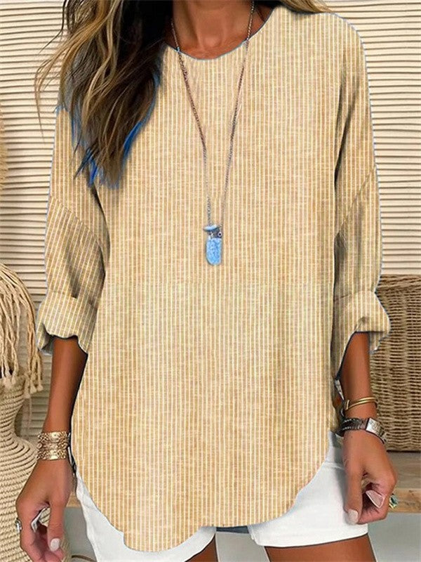 Women's Blouse – Relaxed Fit – Vertical Stripes – Long Rolled-Up Sleeves – Breathable Material