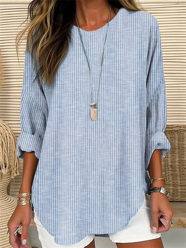 Women's Blouse – Relaxed Fit – Vertical Stripes – Long Rolled-Up Sleeves – Breathable Material