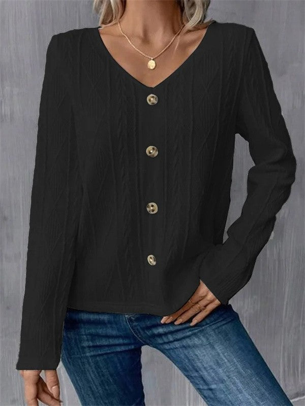 Women's Shirt with V-neck – Soft Knit – Regular Fit – Buttons – Long-sleeved