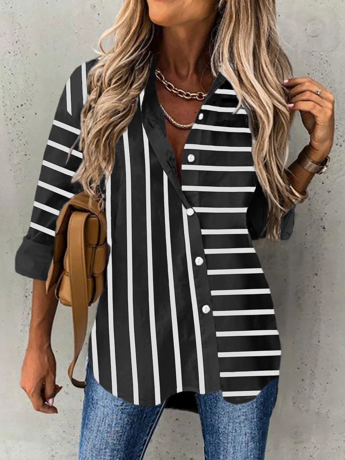 Women's Blouse – Relaxed Fit – Shirt Collar – Long-Sleeved – Breathable Fabric – Striped